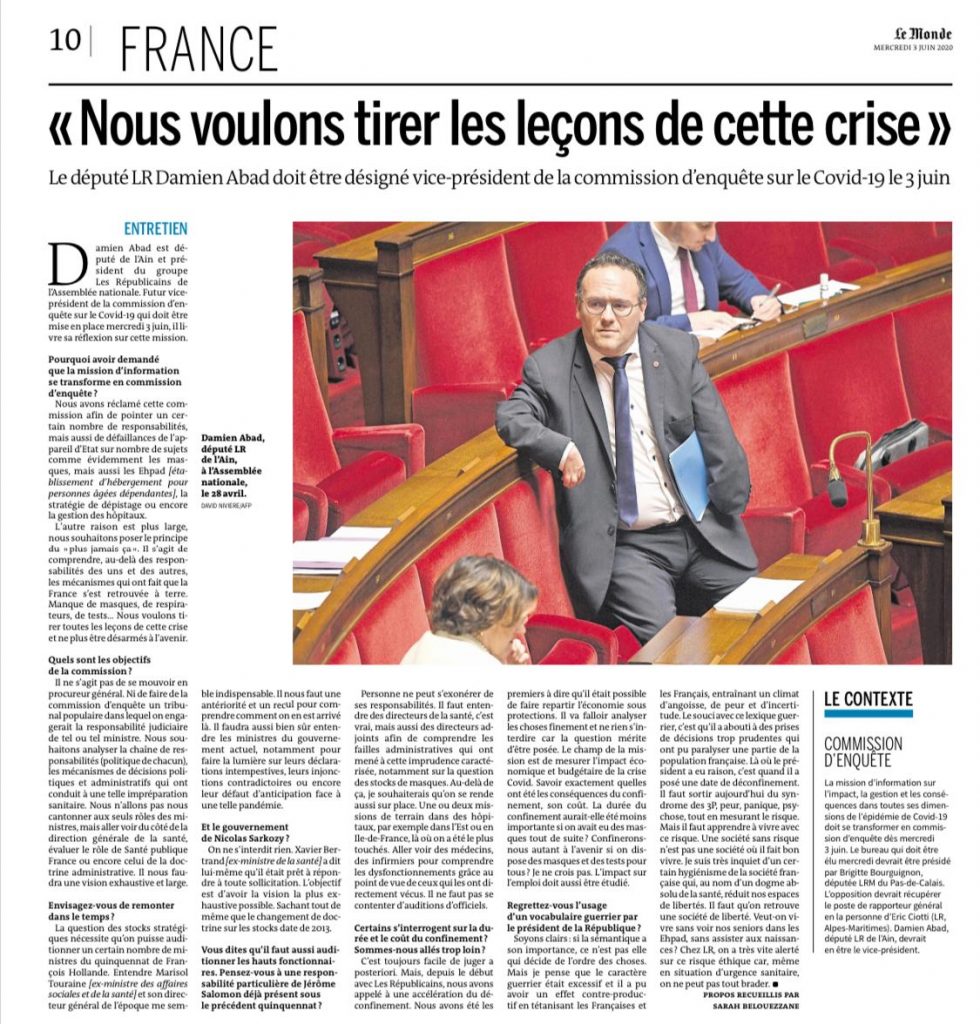 Damien Abad dans Le Monde crise COVID19